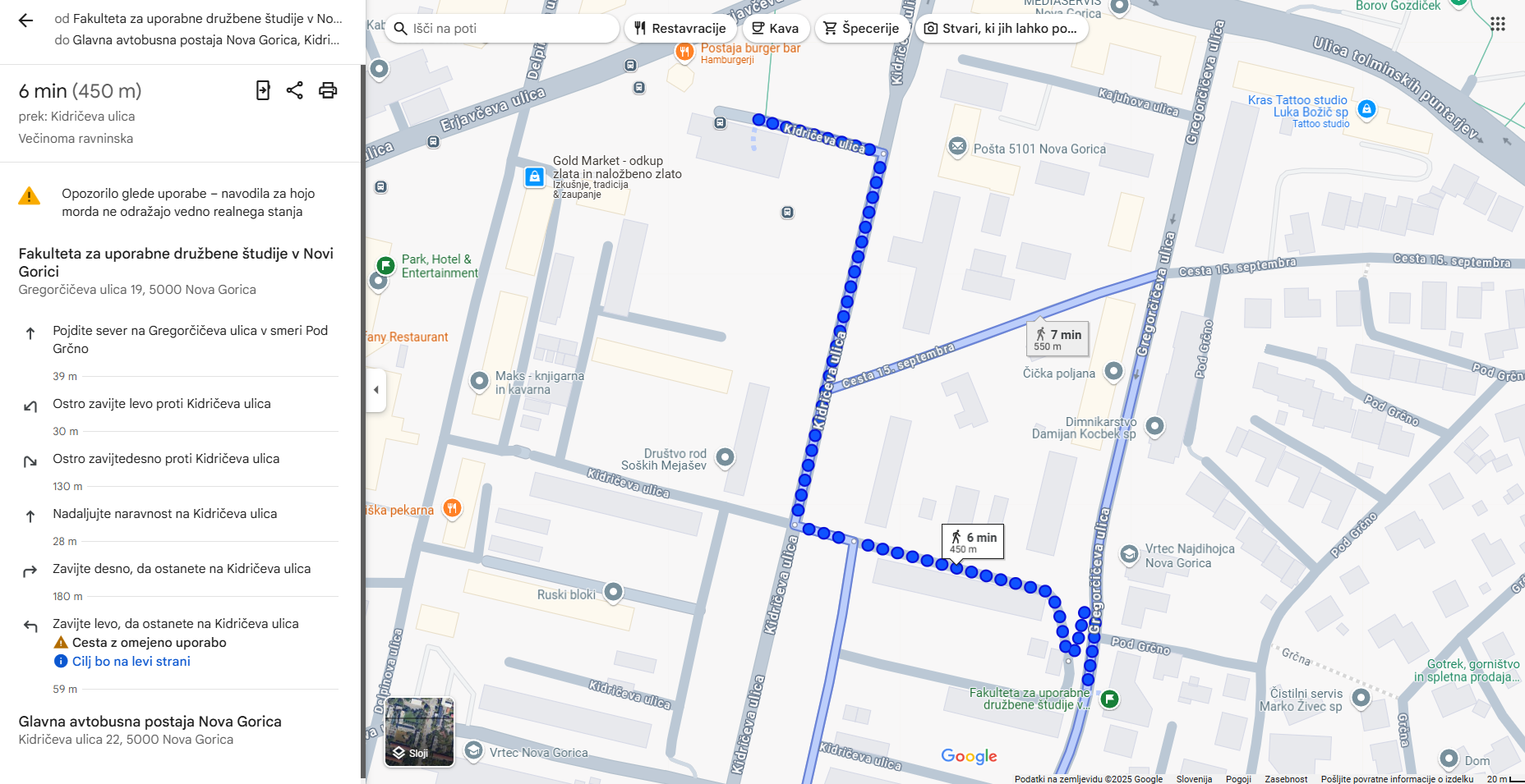 zemljevidni prikaz poti od avtobusne postaje do fuds nova gorica