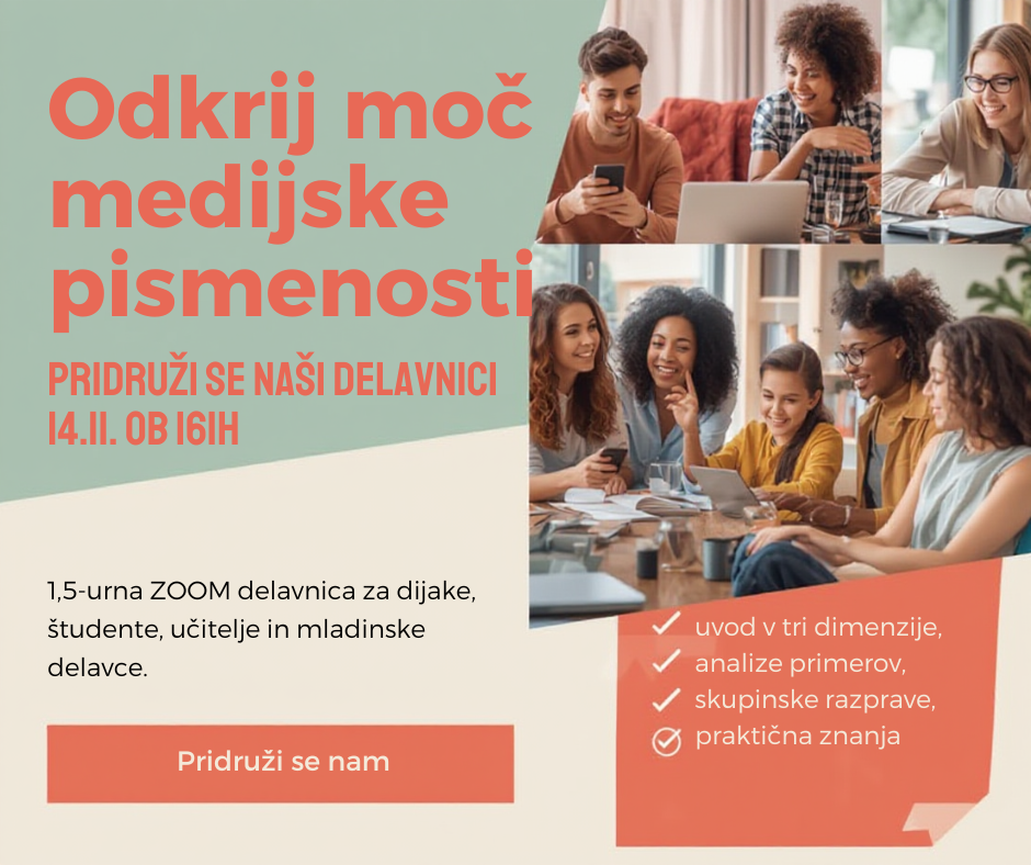 vabilo na spletno delavnico z naslovom: Uvod v medijsko pismenost – razumevanje in ocenjevanje medijskih vsebin